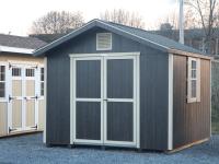 Pine Creek 10x10 HD Peak Front with Ebony Polyurethane walls, Beige trim and Beige shutters, and Shadow Gray shingles