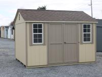 Pine Creek 10x12 HD Peak with Beige walls, PC Clay trim and PC Clay shutters, and Barkwood shingles