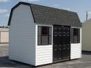 White and Black 8x12 Dutch Barn Style Storage Shed with vinyl siding and fiberglass doors